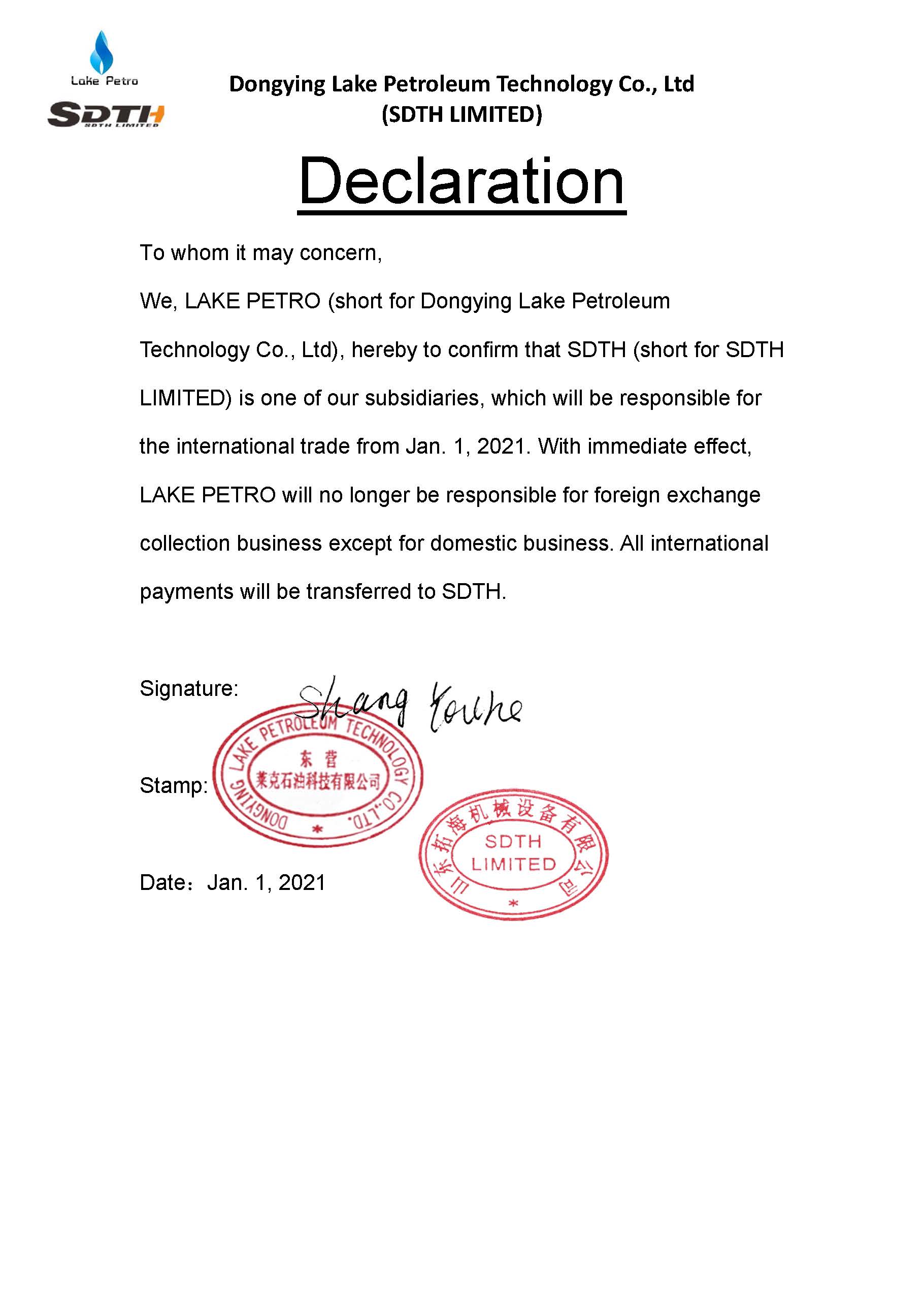 Declaration of Lake Petro and SDTH